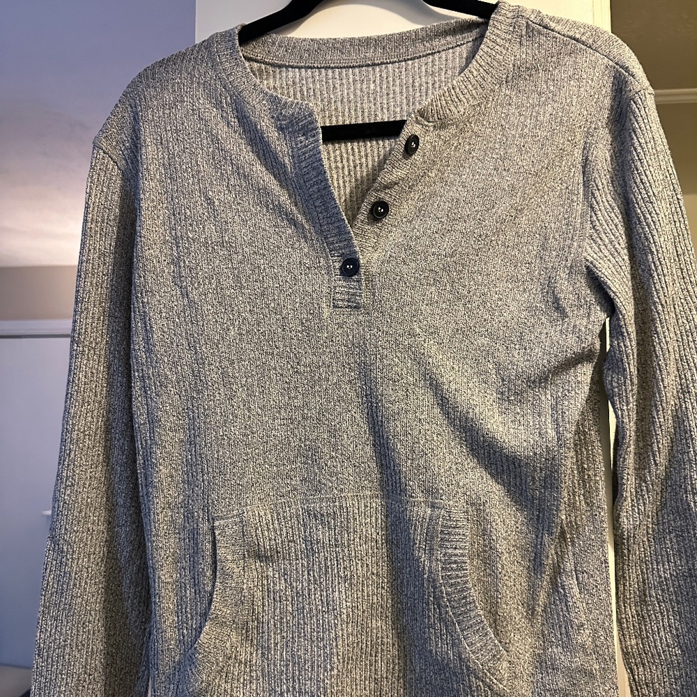 Grey, Waffle Knit Quarter-Button Top